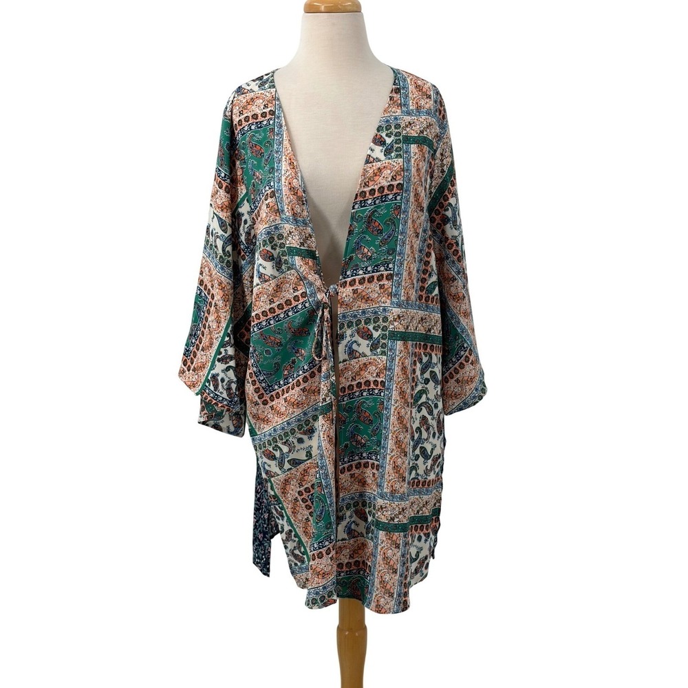 Umgee USA Womens Paisley Floral Mixed Print Kimono Cardigan Boho Green Blue S